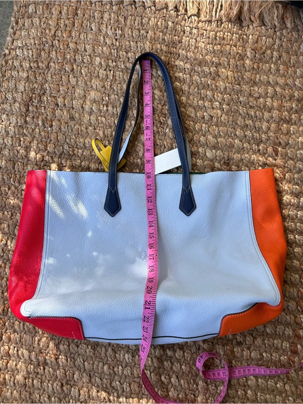 Tory Burch baby blue Pebbled Leather Tote with Orange, Red & Yellow Accents